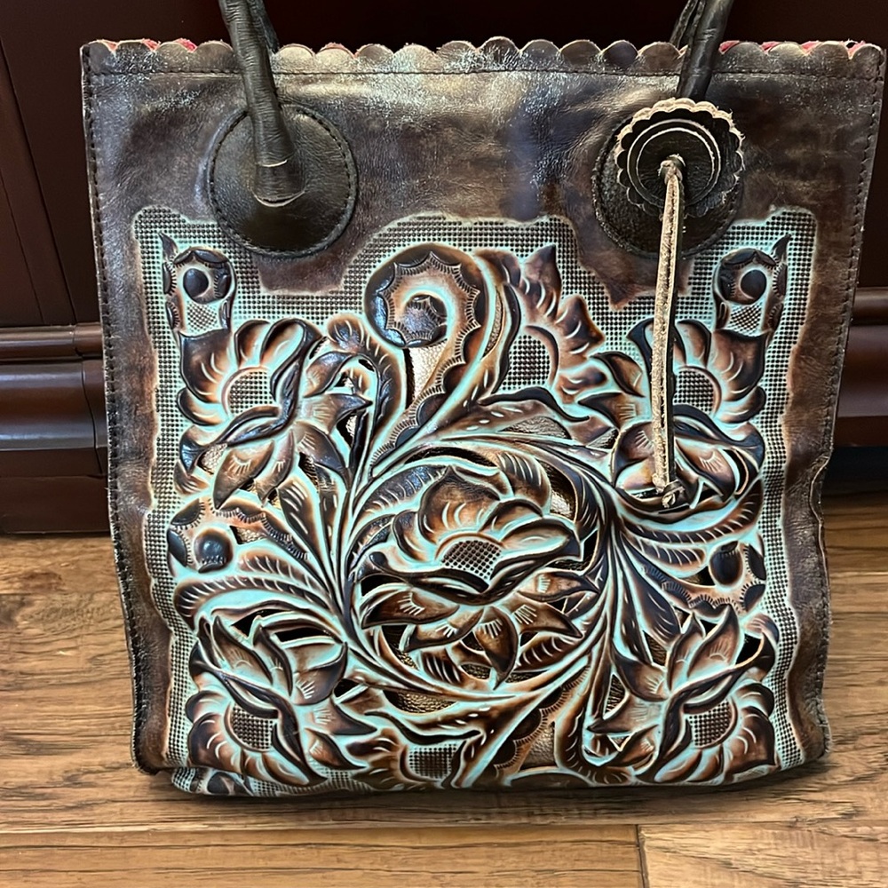 Patricia Nash Cavo turquoise tooled leather cutout tote